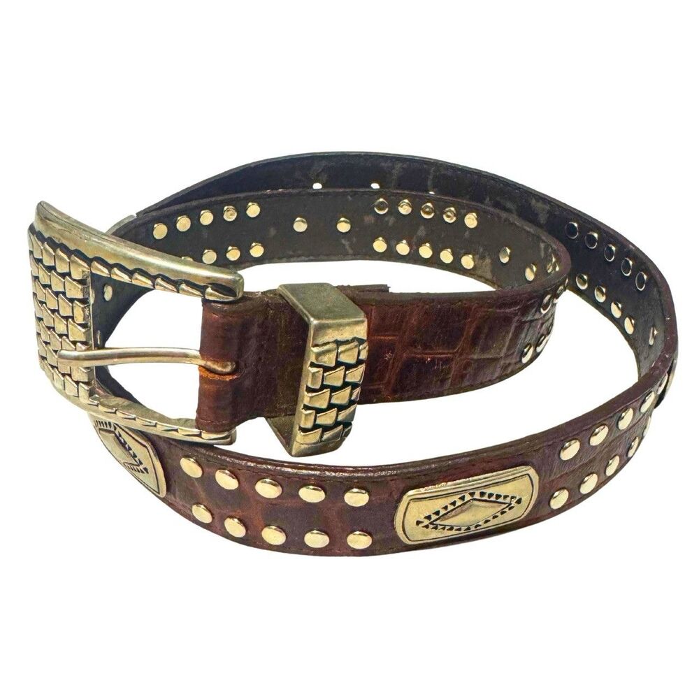 Vintage 90s Y2K Brown Western Boho Studded Leather Brass Buckle Belt Size S M L
